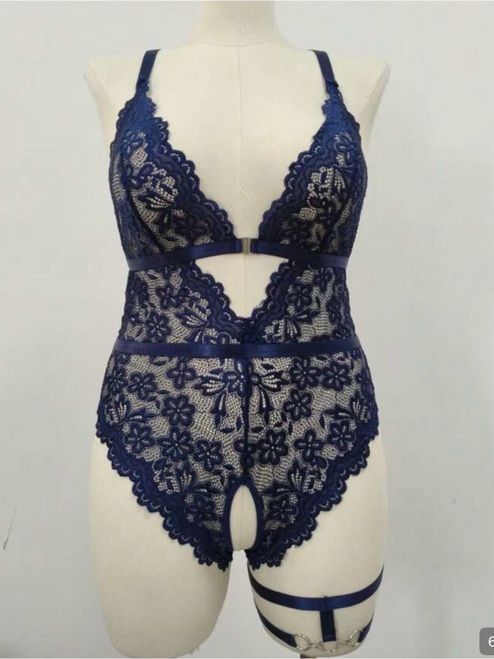 SHEIN Navy Floral Lace Cutout Teddy Bodysuit